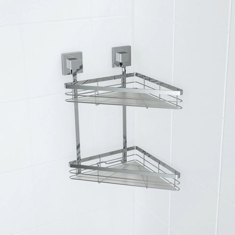 Polished Stainless Steel Suction Acrylic Shelf Double Corner Caddy